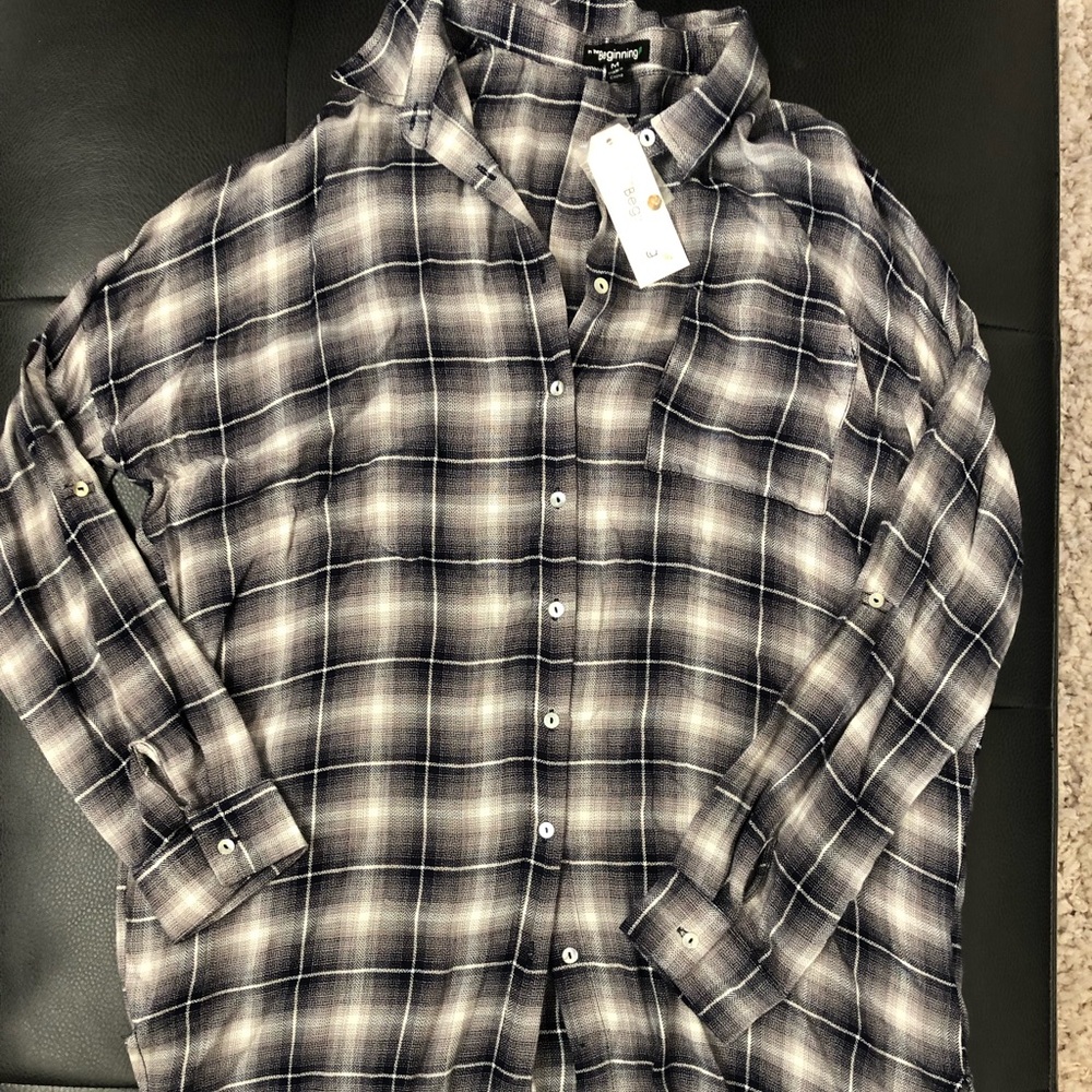 Oversized navy, white & gray plaid button down